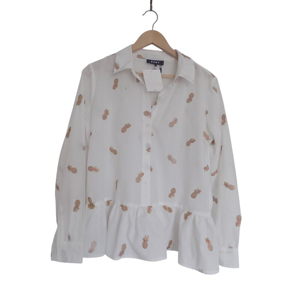 DKNY peplum blouse long sleeve embroidered pineapples size Small NEW